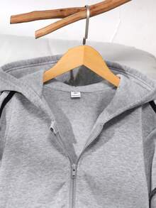 SHEIN Áo khoác cho bé gái tuổi teen, Áo khoác nỉ nơ thời trang màu trơn, Vải nỉ lót nhiệt dày thoải mái, Trang trí tay áo nơ, Phong cách trẻ trung và năng động, Thích hợp cho mùa tựu trường hoặc mặc ngoài trời hàng ngày - Xám - Xem 3