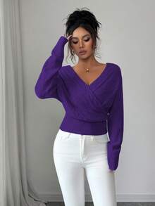 SHEIN Elenzya 女士V领纯色交叉裹身长袖露背短款针织毛衣 - 紫色 - 查看 4