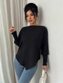 SHEIN Elenzya 女士优雅纯色弹力露肩宽松针织T恤，蝙蝠袖设计，秋冬款 - 黑色 - 查看 4