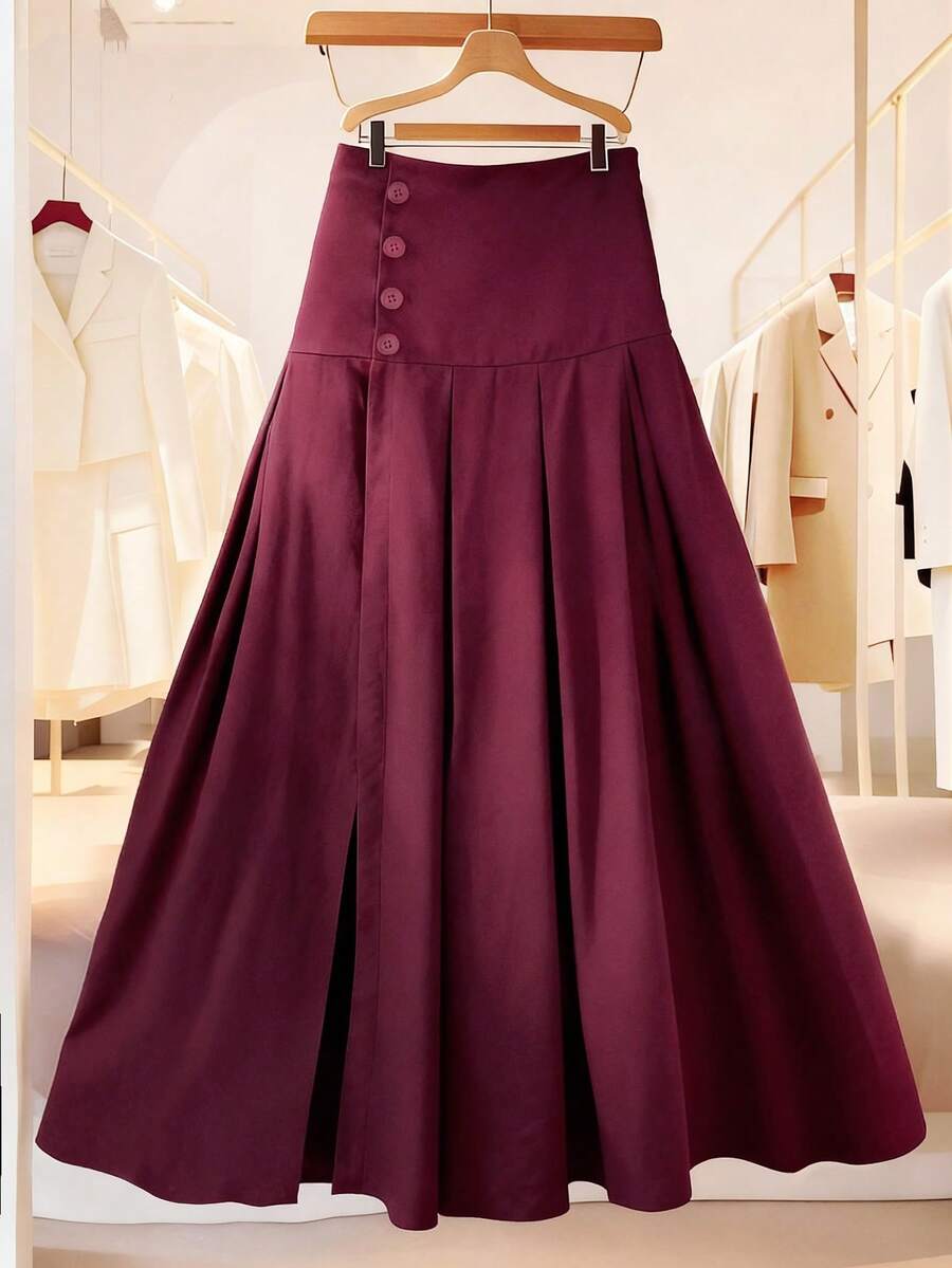 Franclia Váy dài chữ A màu trơn cạp cao xẻ tà xếp ly cài nút cỡ lớn dành cho nữ, phong cách đường phố Pháp thanh lịch, tối giản, cổ điển kiểu Úc, trang phục thường ngày ở nhà, thích hợp cho Halloween, Giáng sinh, Lễ tạ ơn, Tiệc trà chiều, những dịp trang trọng, Tụ họp gia đình, Mùa thu/Đông - Màu Tím - Xem 1