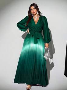 Viva Relle Đầm dự tiệc xếp ly cổ chéo ombre thanh lịch cỡ lớn cho nữ tay lỡ thắt nơ thắt lưng thắt nơ đa năng - Nhiều màu - Xem 5