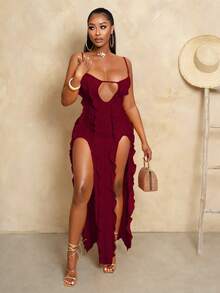 BamGleam Vestido largo de verano con abertura lateral y diseño calado para mujer