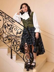 SHEIN MOD Conjunto retro de 2 piezas con falda asimétrica con volantes y dobladillo en verde a cuadros de talla grande, y camiseta de tirantes con lazo en verde - Multicolor - Ver 13