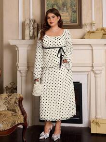 SHEIN MOD Bộ áo và chân váy chấm bi bất đối xứng màu đen cỡ lớn, thắt nơ màu mơ - Nhiều màu - Xem 14