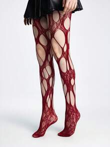 ROMWE Goth Quần tất lưới đen rách gợi cảm dành cho quý cô - Rượu lỗ đỏ - Xem 3
