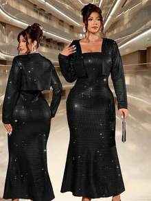 Cravure 大码女式银箔性感抹胸收腰美人鱼裙摆紧身连衣裙配小开衫外套两件套 - 黑色 - 查看 1