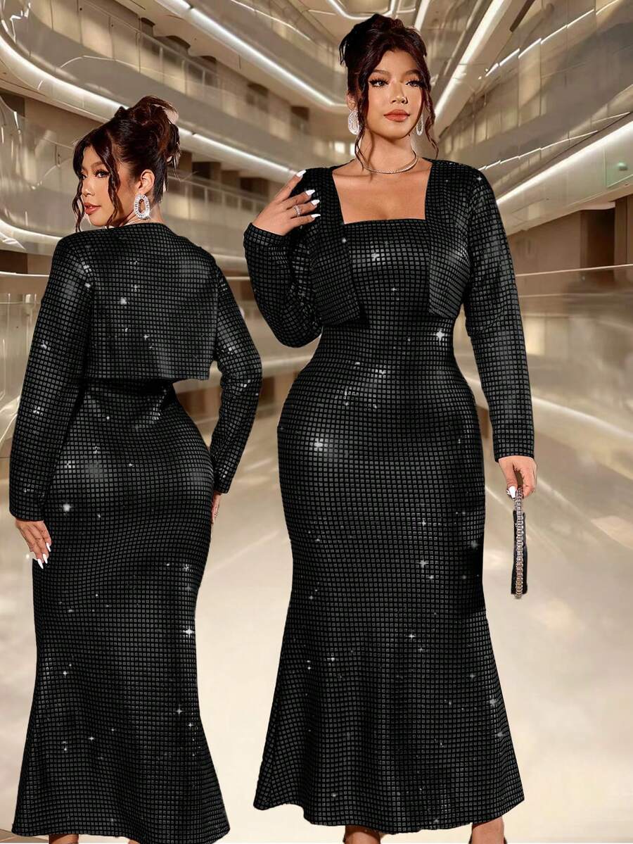 Cravure 大码女式银箔性感抹胸收腰美人鱼裙摆紧身连衣裙配小开衫外套两件套 - 黑色 - 查看 1