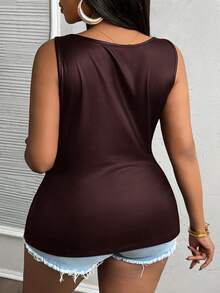 Slaydiva Áo hai dây PU nhún bèo cổ chữ V ôm sát cỡ lớn cho nữ - Màu nâu  Mocha - Xem 2