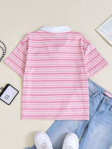 Casuvi Kids 1pc Girls' Sweet & Fresh Striped Polo Collar Short Sleeve T-Shirt (Heart Embroidery On Chest), Regular Thickness, Casual, Summer - Pink - View 2
