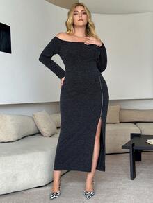 Modelyn 大码纯色露肩开衩大腿优雅长袖连衣裙 - 黑色 - 查看 4