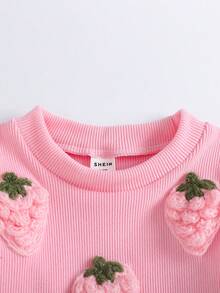 SHEIN 2件套女婴可爱粉色草莓装饰舒适时尚保暖罗纹长袖叠层上衣和喇叭裤休闲套装，适合春秋季日常穿着或旅行 - 白色 - 查看 8