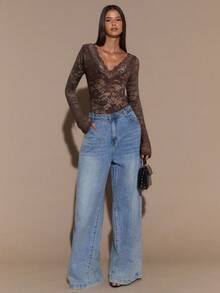 SHEIN BAE Áo dài tay màu đen cho nữ, cổ chữ V sâu gợi cảm, tay loe ren, kiểu dáng tối giản thanh lịch, lãng mạn, thích hợp mặc nhiều lớp, hẹn hò lãng mạn, tiệc tùng vào mùa thu/đông - Cà phê nâu - Xem 3