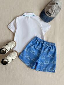 Joliand Joliand 2 Stücke Elegantes Urban Stil Set für Kleine Jungen mit grün gestreiftem Hemd und beigefarbenen Shorts, inklusive rosa Fliege, geeignet für Hochzeiten, Partys, Ausflüge, Picknicks, Sommer - Verschiedenfarbig - Übersicht 2