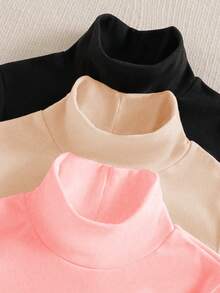SHEIN 3 pièces/set T-shirts thermiques à manches longues avec col roulé et imprimé chat, style décontracté pour préadolescentes - Multicolore - Voir 3