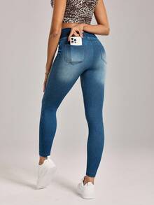 SHEIN Tall Women's Casual High Waist Elastic Skinny Washed Denim Jeans - Blue - View 2