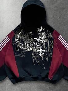 ROMWE MEN Goth 男式拼布撞色连帽衫，宽松短款 - 黑色 - 查看 4