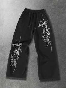 ROMWE MEN Men's Y2K Anime Dark Graphic Print Hoodie Set - Black - View 3