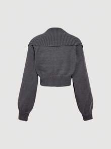 SHEIN MOD Set Atasan Tube Rajut Minimalis Bergaris Abu-abu Gelap dengan Warna Kontras dan Kardigan Pendek, Set Sweater Rajut Dua Potong Nyaman untuk Musim Gugur dan Sehari-hari - Grey - View 6