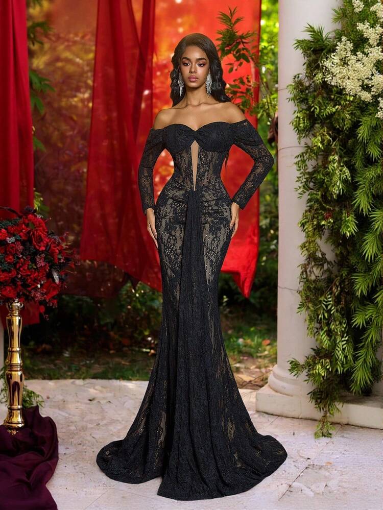 chinese dress ladies Madeleine | Black Fishtail Maxi Dress with Bardot Mesh Long Sleeves