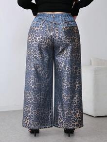 SHEIN PETITE CURVE 娇小码加大码情人节派对女士豹纹口袋休闲阔腿嘉年华夏季度假牛仔裤 - 中等水洗藍 - 查看 3