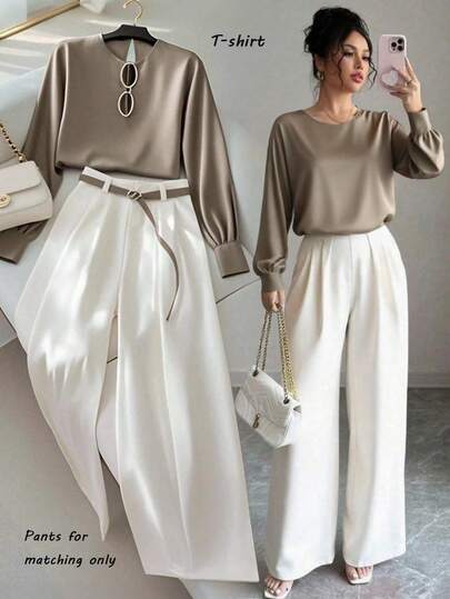 SHEIN PETITE Women's Casual Solid Color Round Neck Long Sleeve T-Shirt, Suitable For Commuting, Autumn