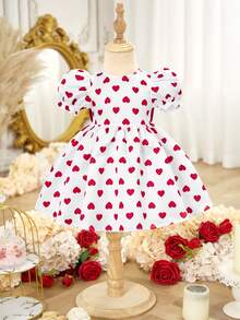 Elegant And Adorable White Polka Dot Dress With Heart And Butterfly Embellishments, Baby Girl Style, Valentine's Day Heart Design, 3D Bow Puff Sleeve Dress, Elegant White Dress With Heart Motifs, Graceful And Cute. - Multicolor - View 4