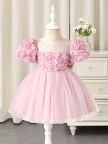 Glamorique Kids 女婴粉色玫瑰刺绣薄纱缎面泡泡袖短裙，优雅公主裙，适合儿童，可作婚礼、派对、生日花童礼服