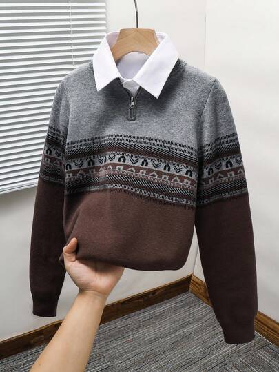 SHEIN 复古图案宽松长袖半拉链毛衣，适合青少年男孩