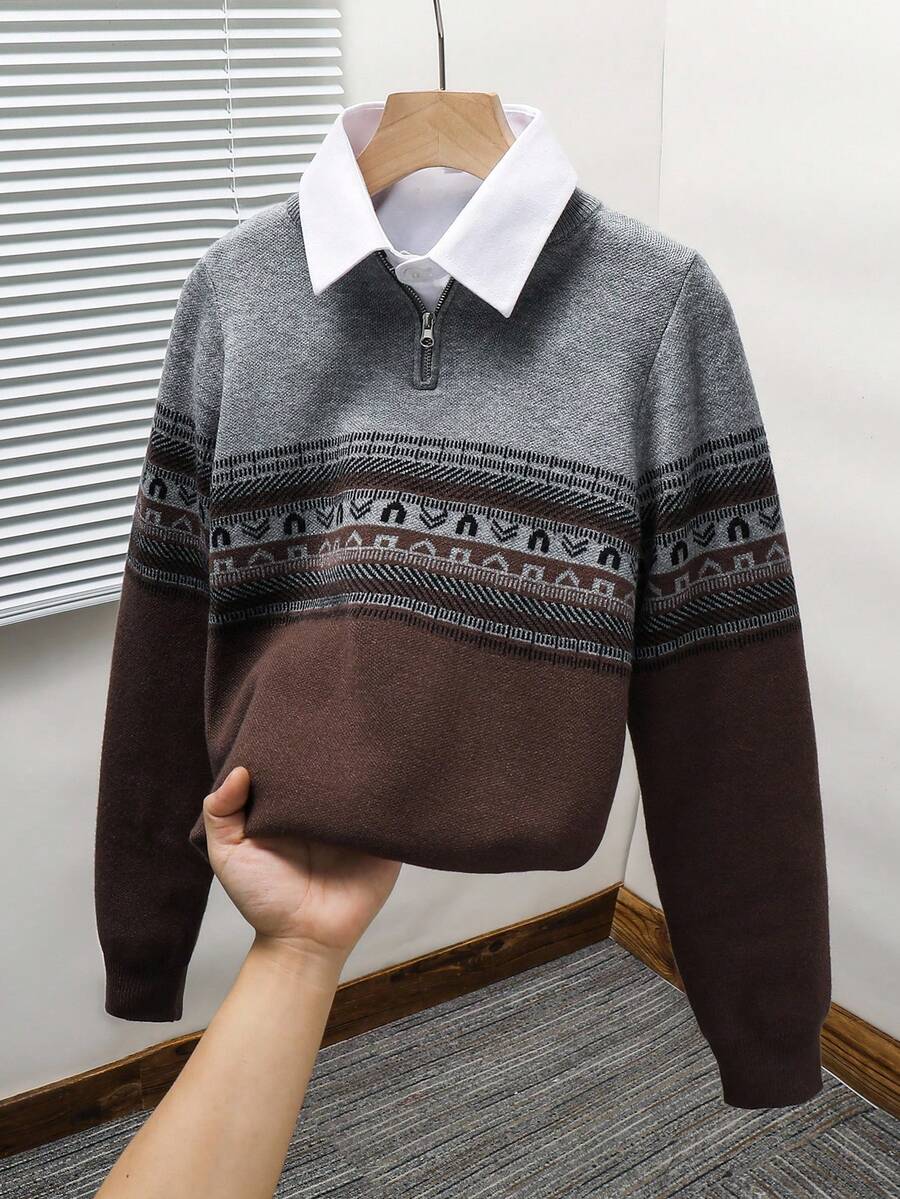 SHEIN 复古图案宽松长袖半拉链毛衣，适合青少年男孩 - 咖啡棕 - 查看 1
