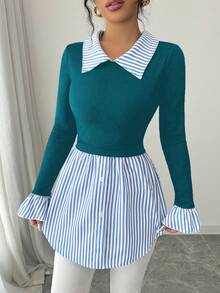 Elenzga Women's Striped Collared Long Sleeve Knit Patchwork Blouse - Multicolor - View 5