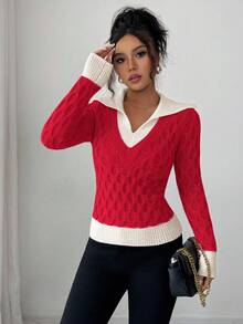 Elenzga Women's Autumn/Winter New V-Neck Patchwork 2 In 1 Fashionable Design Elegant Daily Commute Fitted Patterned Pullover Sweater - Red - View 5