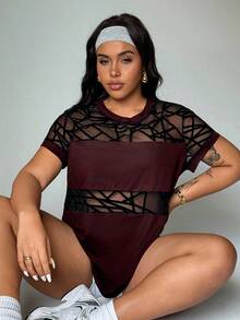 Rhythm Era 女士休闲网眼拼接短袖运动T恤 - 酒紅色 - 查看 5