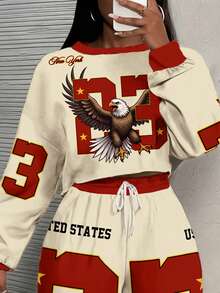 Slaydiva Conjunto de 2 piezas de top holgado de manga larga con cuello redondo y hombros caídos, y pantalones, en tallas grandes con contraste de colores - Multicolor - Ver 4