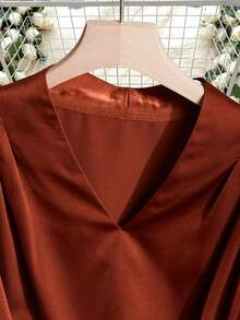 GlowEve Elegant French Style Loose V-Neck Pleated Lantern Sleeve Satin Blouse, Versatile Casual Shirt For Women, Suitable For Autumn Daily Wear And Holidays - Brown - View 5