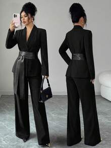 SHEIN Elenzya بليزر أنيق وأنثوي للنساء مع تقنيص الخصر، تصميم رقعة القماش، بنطلون ساق مستقيمة