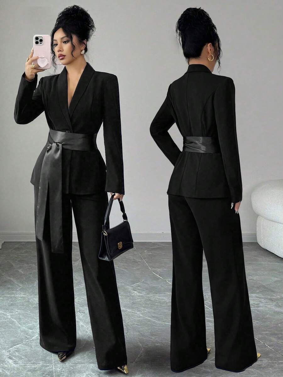 SHEIN Elenzya بليزر أنيق وأنثوي للنساء مع تقنيص الخصر، تصميم رقعة القماش، بنطلون ساق مستقيمة