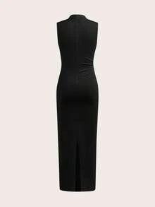 SHEIN Serisse Kids Váy xếp ly bên hông không tay cổ tròn màu trắng trơn đơn giản cho bé gái tuổi mới lớn - màu đen - Xem 4