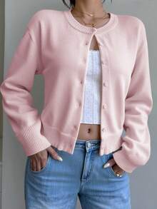 SHEIN 少女针织开衫，休闲纯色圆领长袖宽松短款毛衣，保暖舒适，时尚百搭，适合日常通勤 - 粉色 - 查看 10