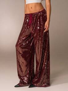 Avantive 秋冬万圣节圣诞节新年外出毕业舞会优雅正式奢华别致商务休闲生日/办公室阔腿亮片酒红色抽绳腰宽松裤 - Red Plum - 查看 7