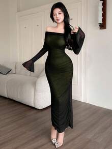 Feyla Women's Elegant Off Shoulder Flare Sleeve Dress, Autumn - Green - View 5