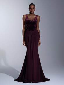 Elitara 优雅、浪漫、时尚的栗色弹力天鹅绒拼接鱼骨塑形吊带荷叶边鱼尾裙摆拖地礼服，适合各种场合，包括节日、度假、生日派对、婚礼、正式晚宴等。 - 紫紅色 - 查看 6