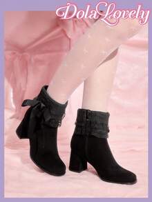 Dola Lovely Giày bốt cổ thấp kiểu Lolita thắt nơ dành cho nữ sinh, gót thấp, kiểu dáng nữ sinh mềm mại, phù hợp cho Halloween, Giáng sinh, mùa thu/đông. - màu đen - Xem 3