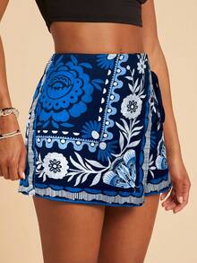 Travachic Bohemian Stil lässige Urlaubsstrand Shorts mit Bindebund und Rüschenkante für Frauen, Herbstmode, Herbstkleidung - Blau - Übersicht 4