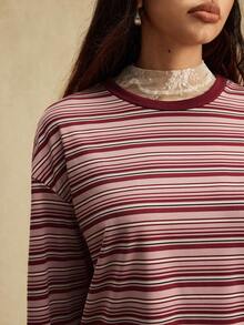 Easelle Casual Vintage Pink Striped Knit Women T-Shirt Top Summer For Women Round Neck Long Sleeved Comfortable - Multicolor - View 8