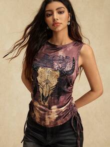 Easelle 女士个性化印花圆领无袖背心 - 摩卡棕 - 查看 3