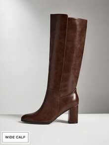 SHUZIA Women's Wide-Calf Glamorous Comfortable Pointed Toe Block Heel Knee High Boots For Christmas - Coffee Brown - View 4