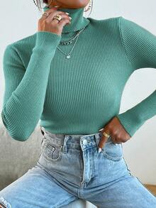 Mulvari Jersey de punto acanalado de cuello alto, manga raglán y ajustado de color liso