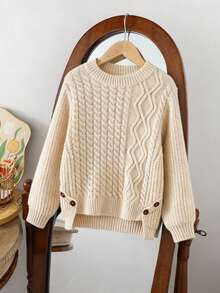 Sparklyn 1 件女童圆领纹理下摆开衩下摆创意纽扣装饰 Y2K 街头休闲百搭时尚校园风格高品质毛衣，适合度假、郊游、购物、运动、圣诞节、玩雪、派对、野餐 - 杏色 - 查看 5