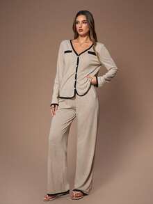 Lazeform American Casual V-Neck Long Sleeve Contrast Trim Top & Wide Leg Pants Women Lounge Wear Set Two Pieces Sleepwear Set , Fall & Winter Clothes