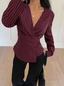 Siren Gaze 女士条纹束腰长袖衬衫，秋冬款 - 酒紅色 - 查看 4